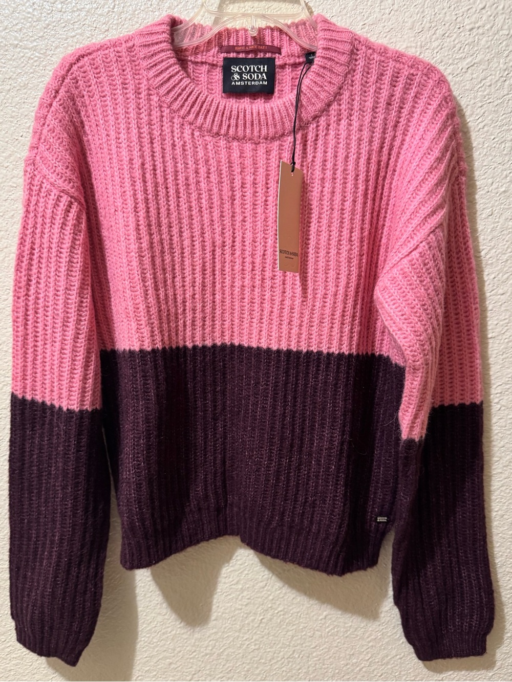 Scotch & Soda Pink and Dark Plum Colorblock Ribbed Sweater L
